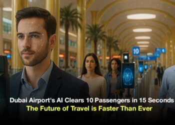 Passengers at Dubai International Airport passing through AI-powered smart gates with facial recognition technology.